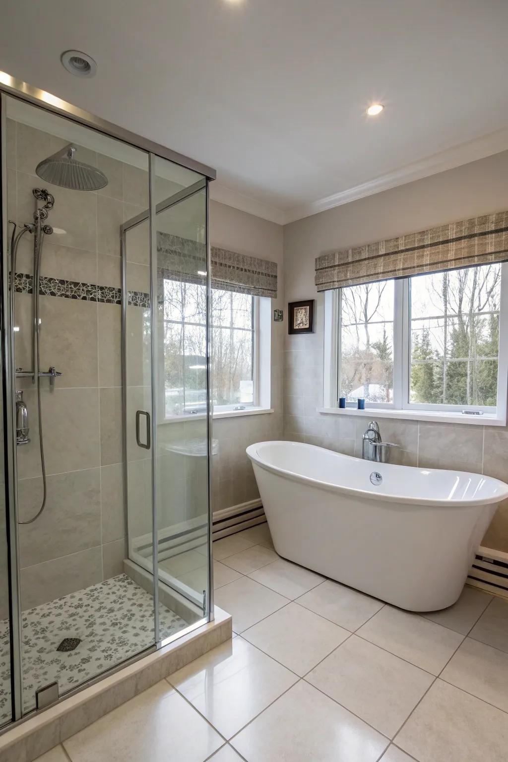 Independent shower and tub setups evoke a spa-like ambiance.