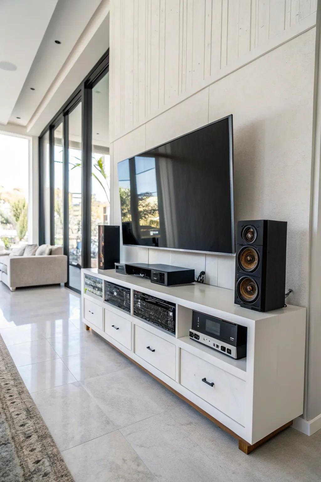 A streamlined entertainment center featuring a TV mounted on the wall.