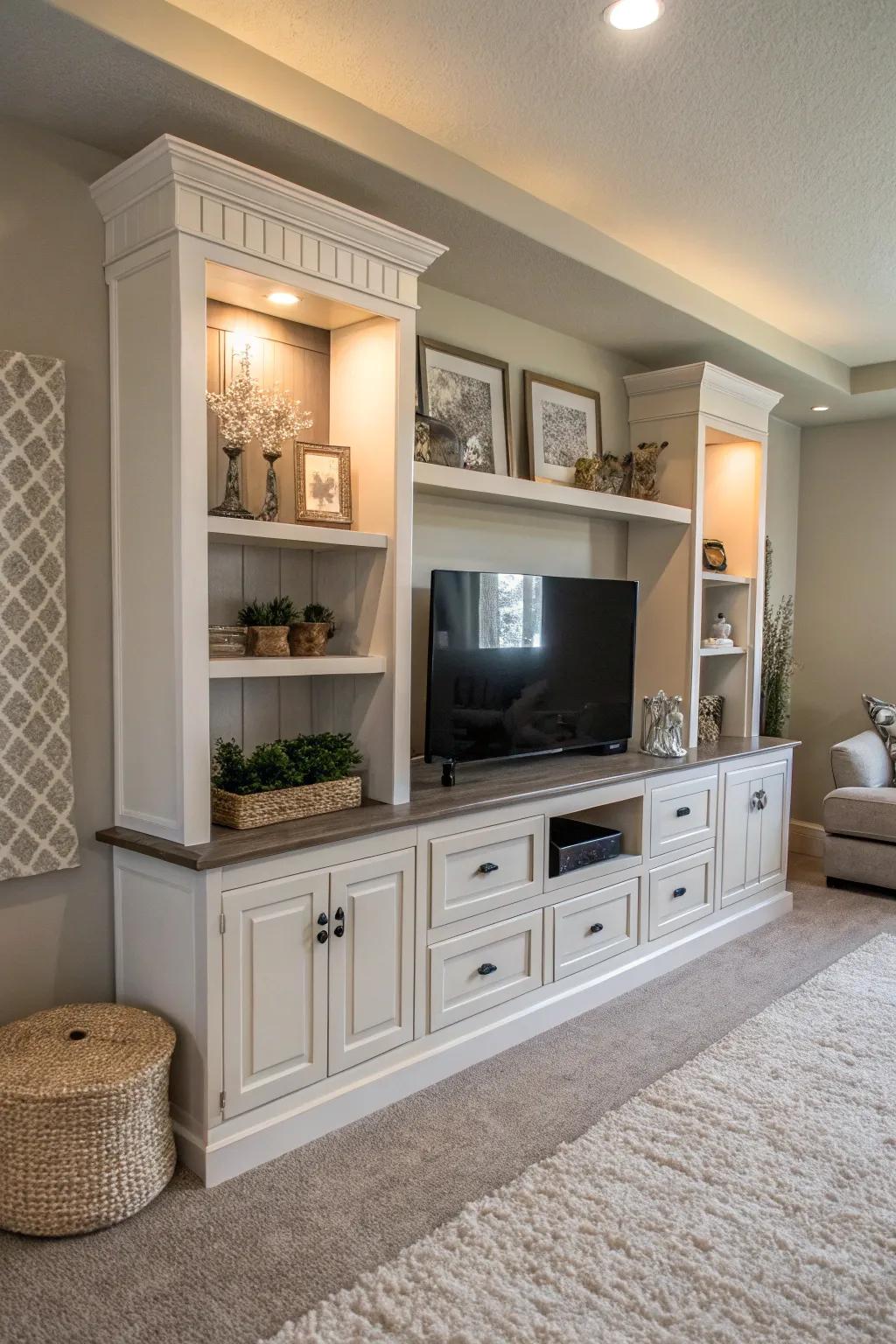 An entertainment center in a muted color scheme featuring elegant decor.