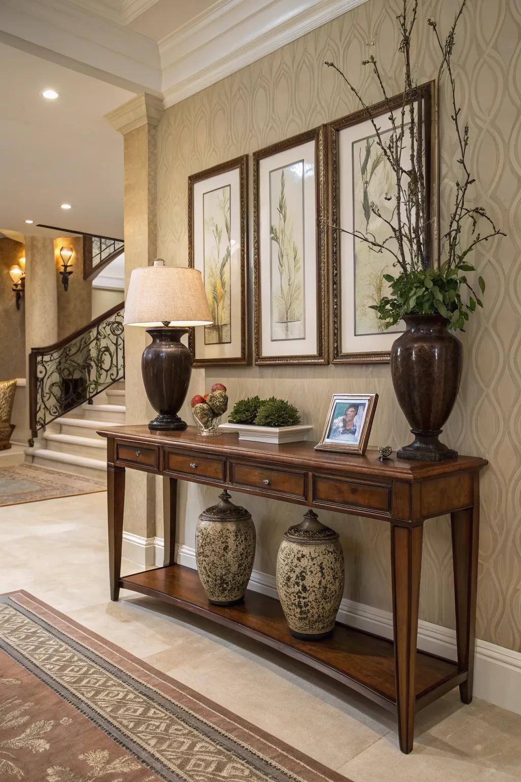 A console table seamlessly blends practicality with aesthetic appeal in the foyer.