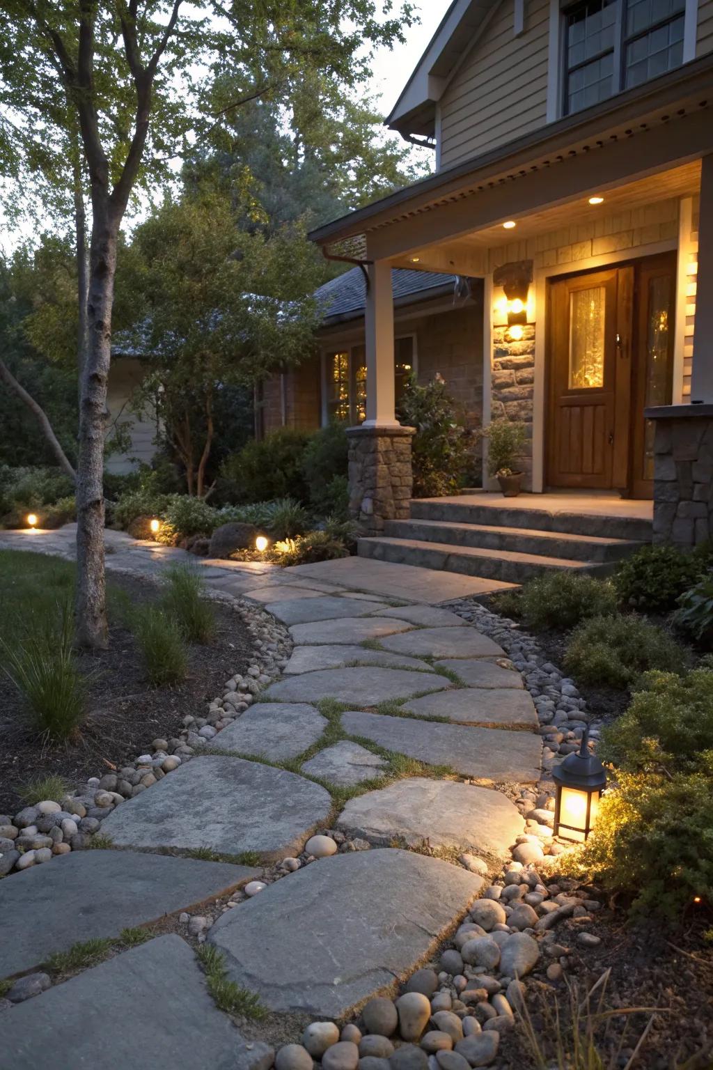 An enchanting stone walkway with lighting guiding you to the front porch.