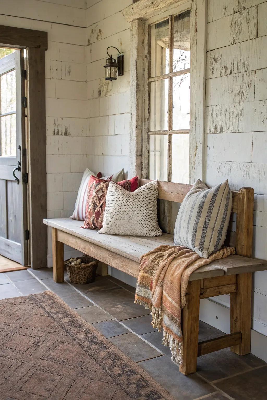 A rural-style bench enhances the charm of this welcoming entryway.