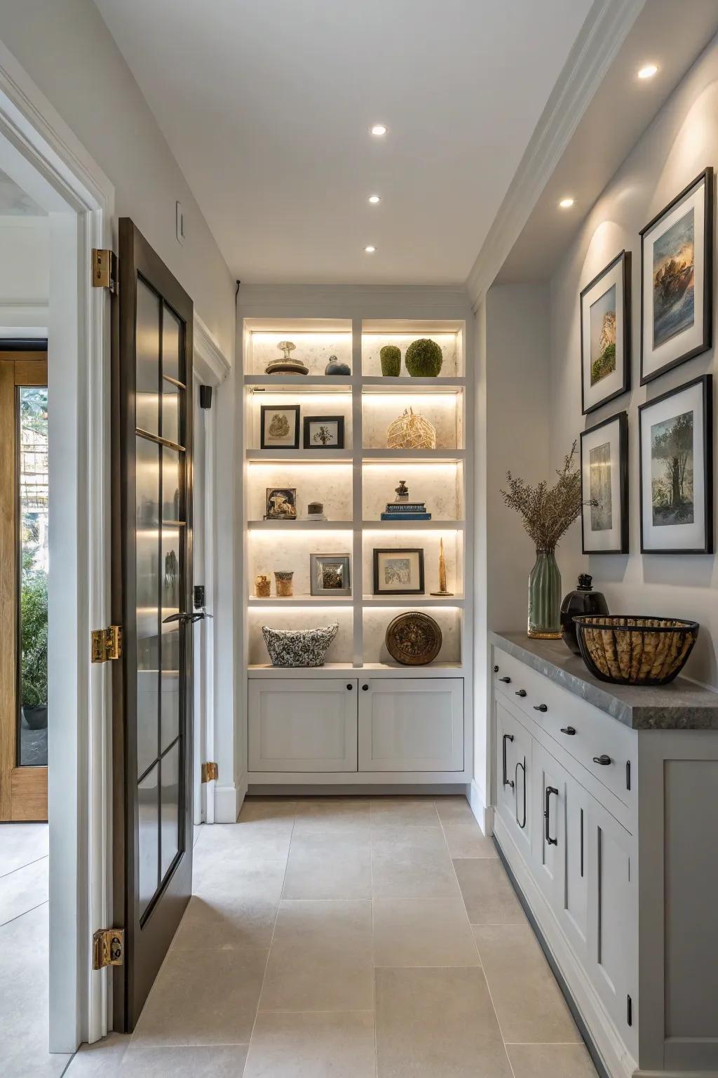 Open shelves contribute a personal flair to your entryway with displayed art and decor.
