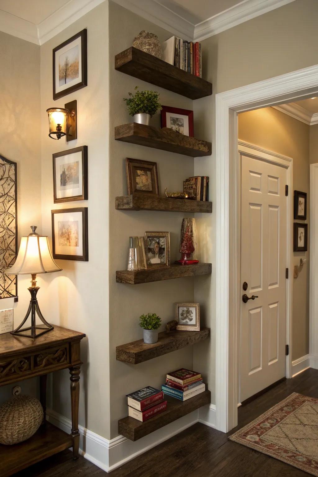 Wall-mounted shelves infuse storage and aesthetic appeal into any nook.