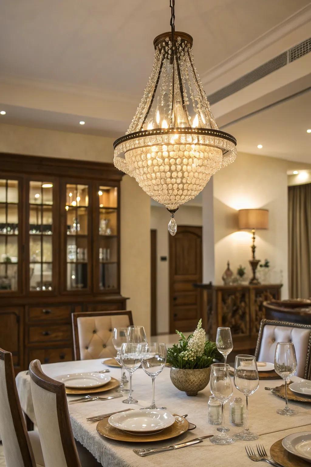 A chandelier adds style and focus to the dining area.