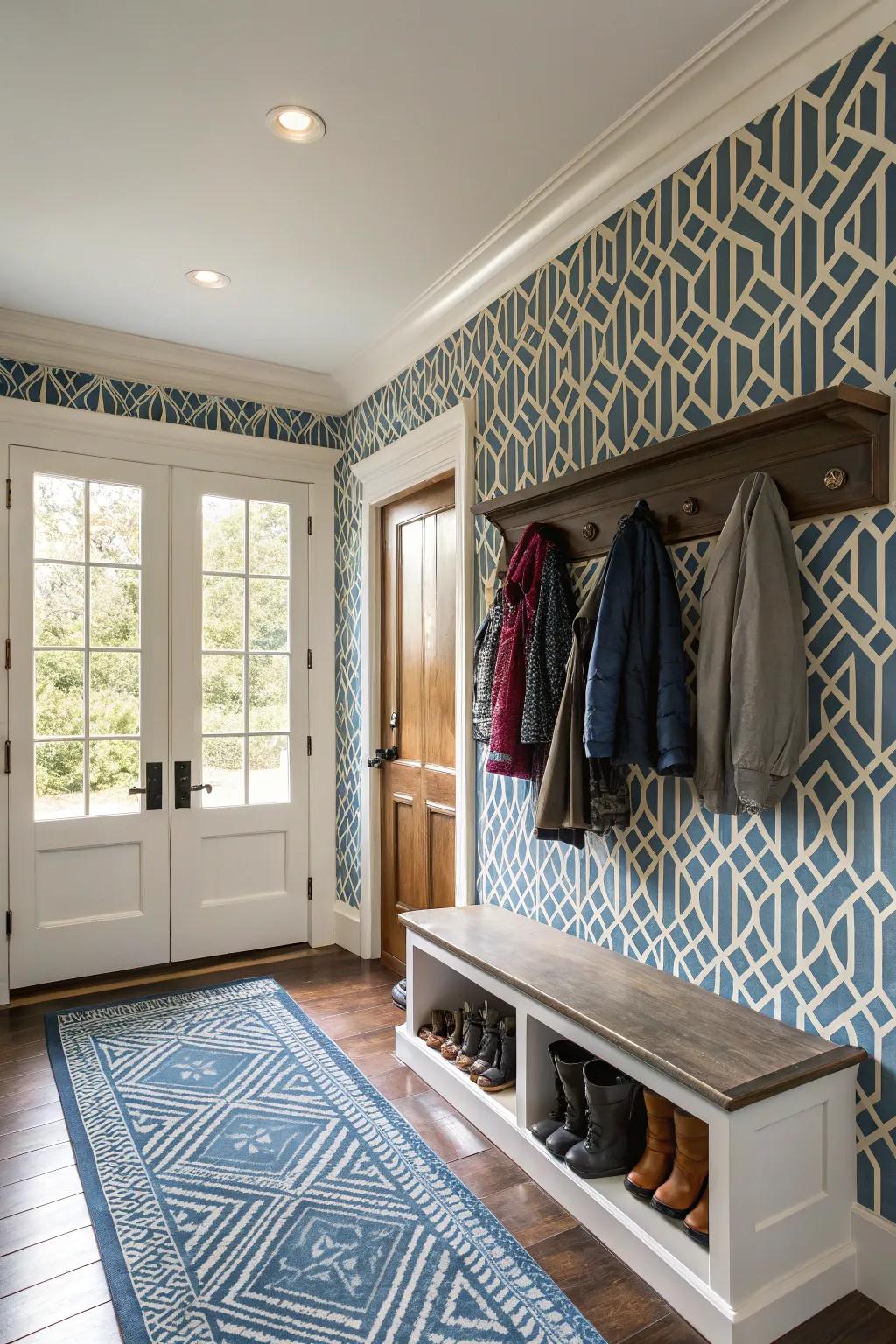 Patterns breathe life into this mudroom, turning it into a fashionable entryway focal point.