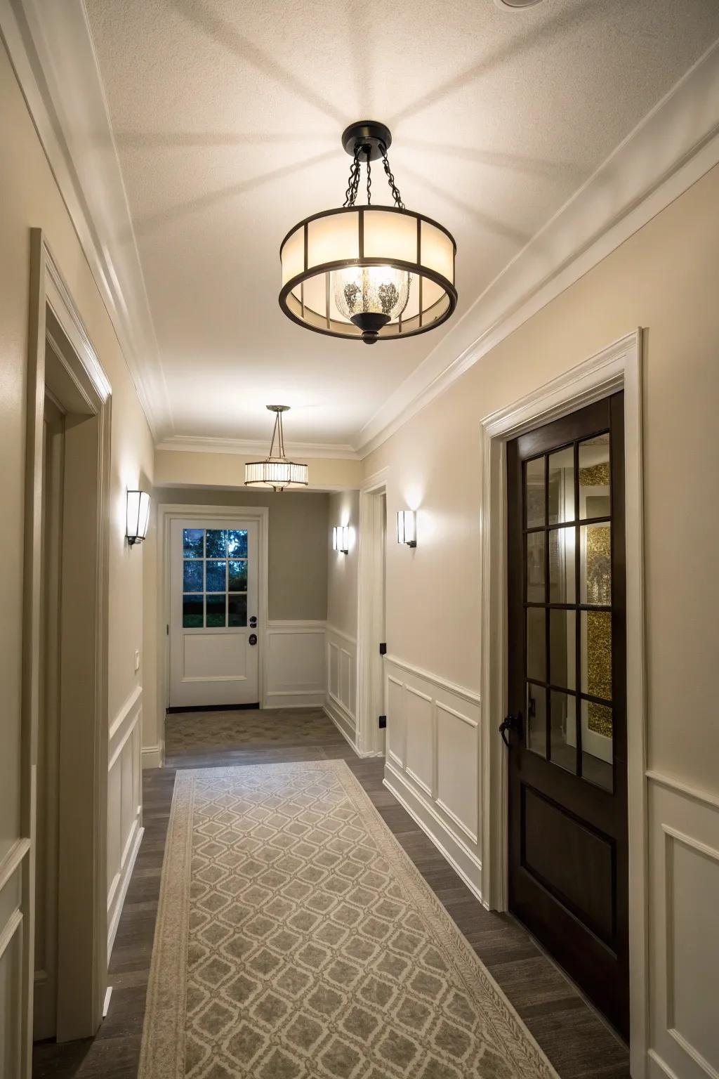 A compact foyer showcasing a seamless mount ceiling light, ideally suited for spaces with limited headroom.