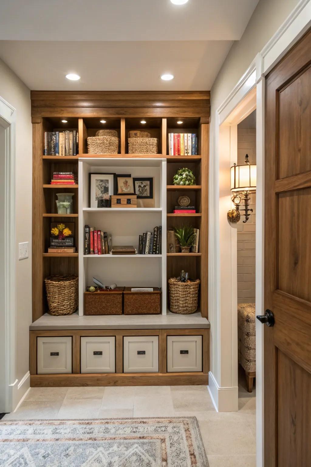 Integrated shelving and cubbies offer substantial storage.
