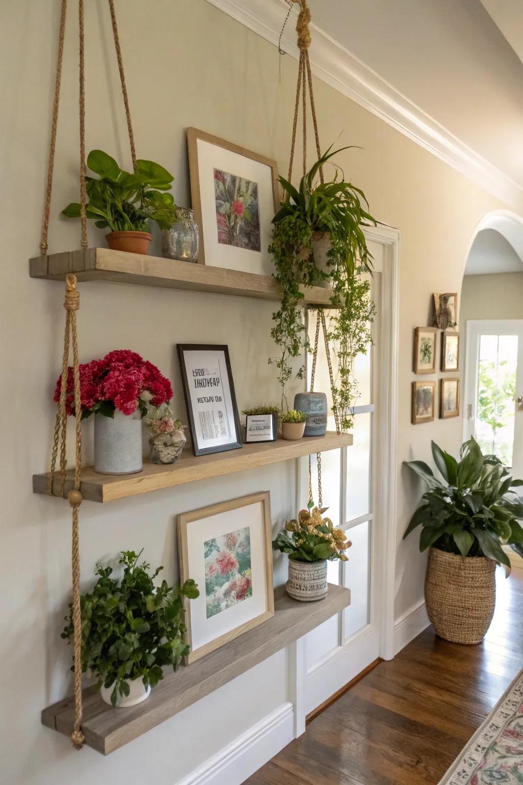 Floating shelves offer both style and storage solutions in an entryway.