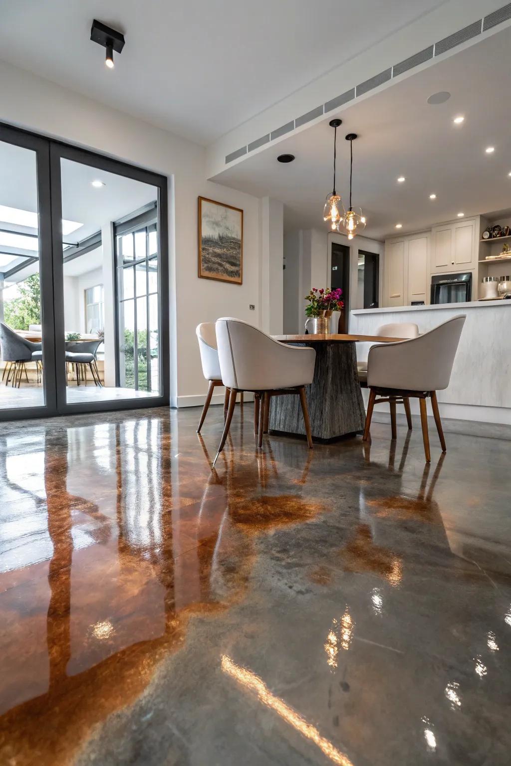 Introduce a hint of sophistication with radiant metallic epoxy floors.
