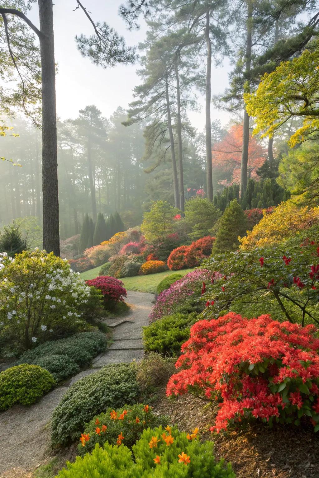 A garden featuring striking foliage plants set against a backdrop of evergreens.