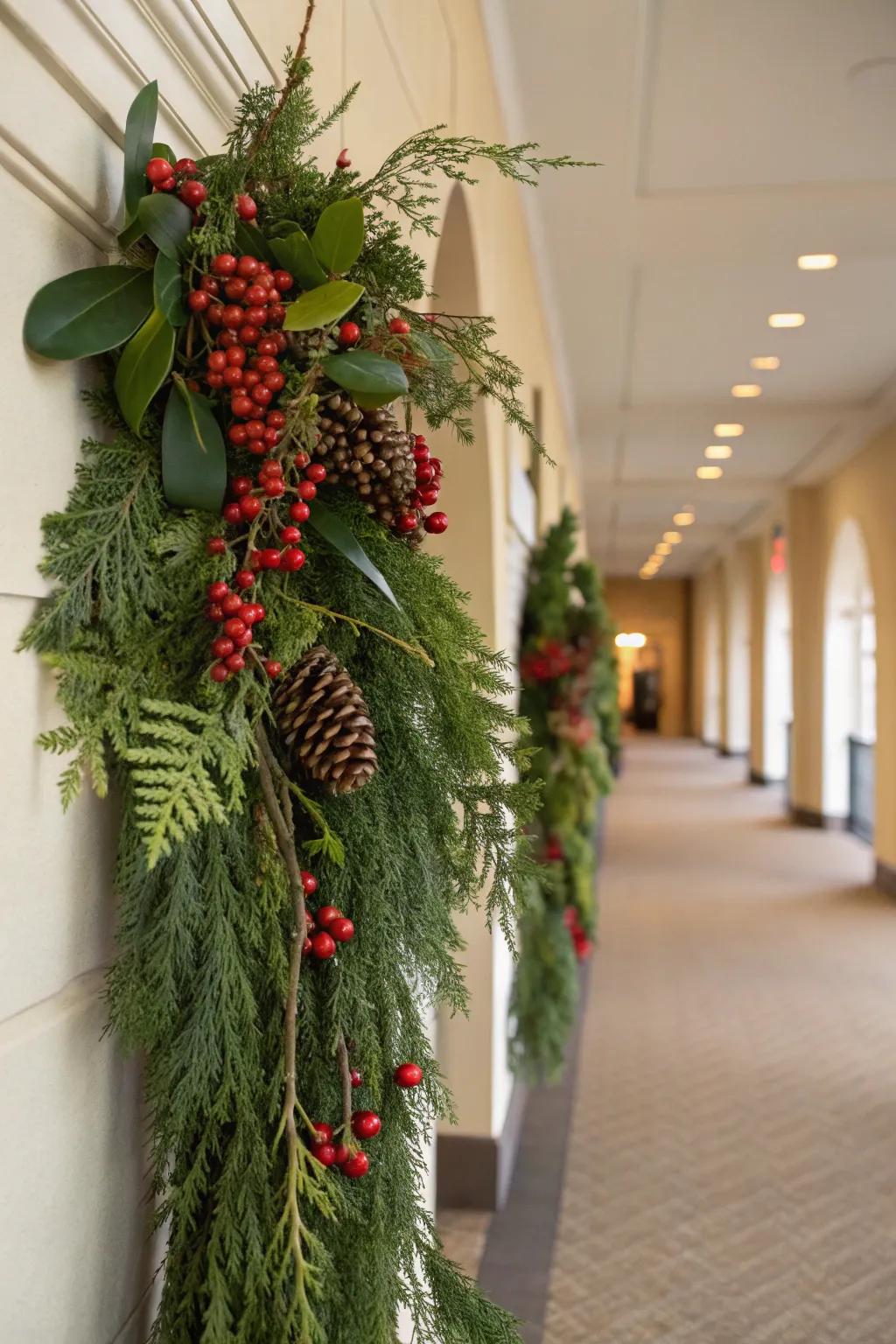 A vibrant swag showcasing berries and greenery in a hallway setting.