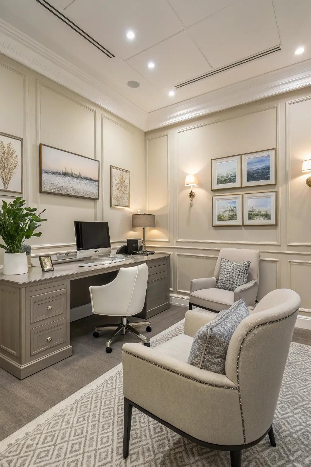 An office space featuring a soothing neutral color palette.
