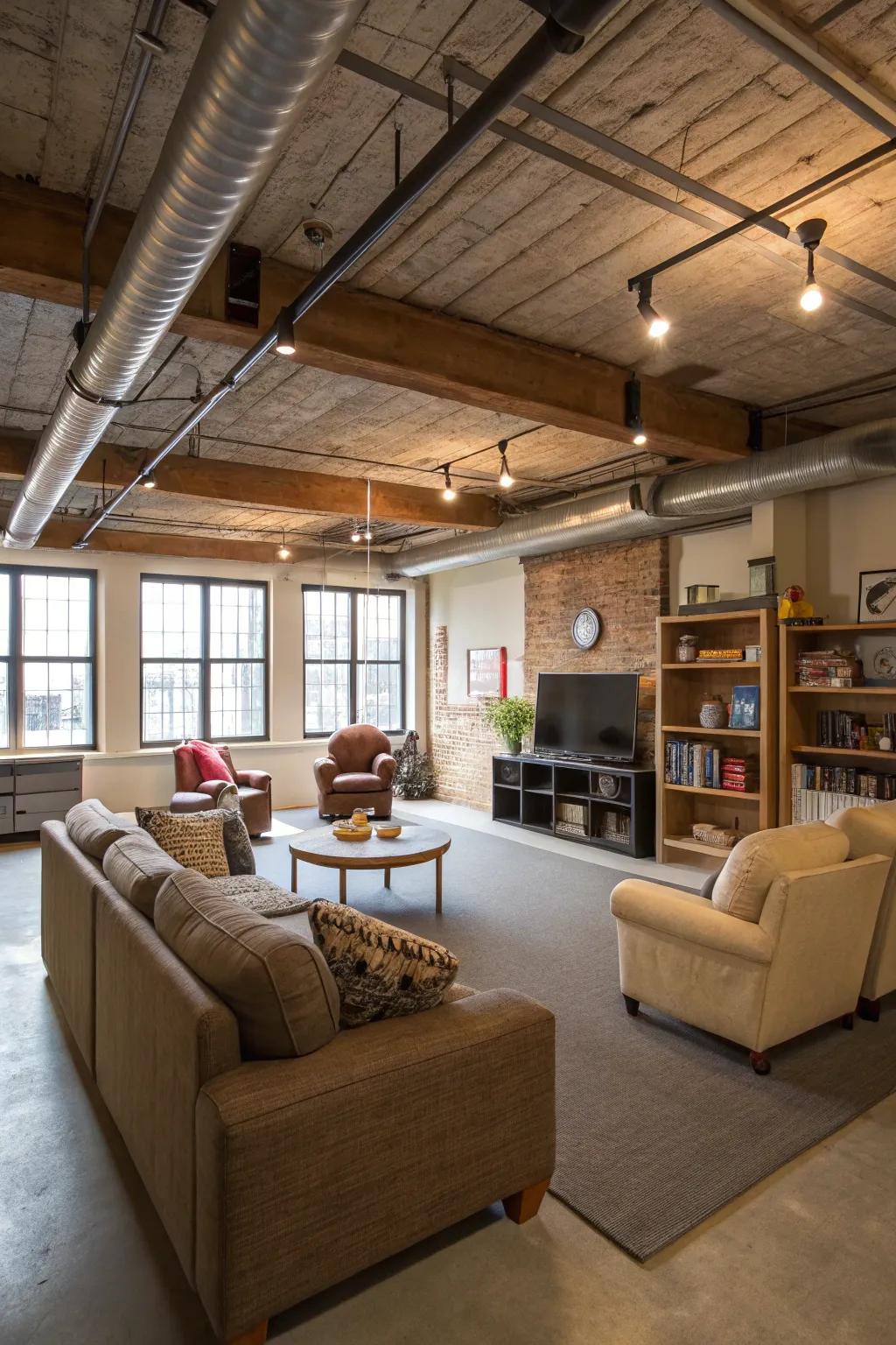 An open-plan design amplifies the spacious sensation of a basement featuring an exposed ceiling.
