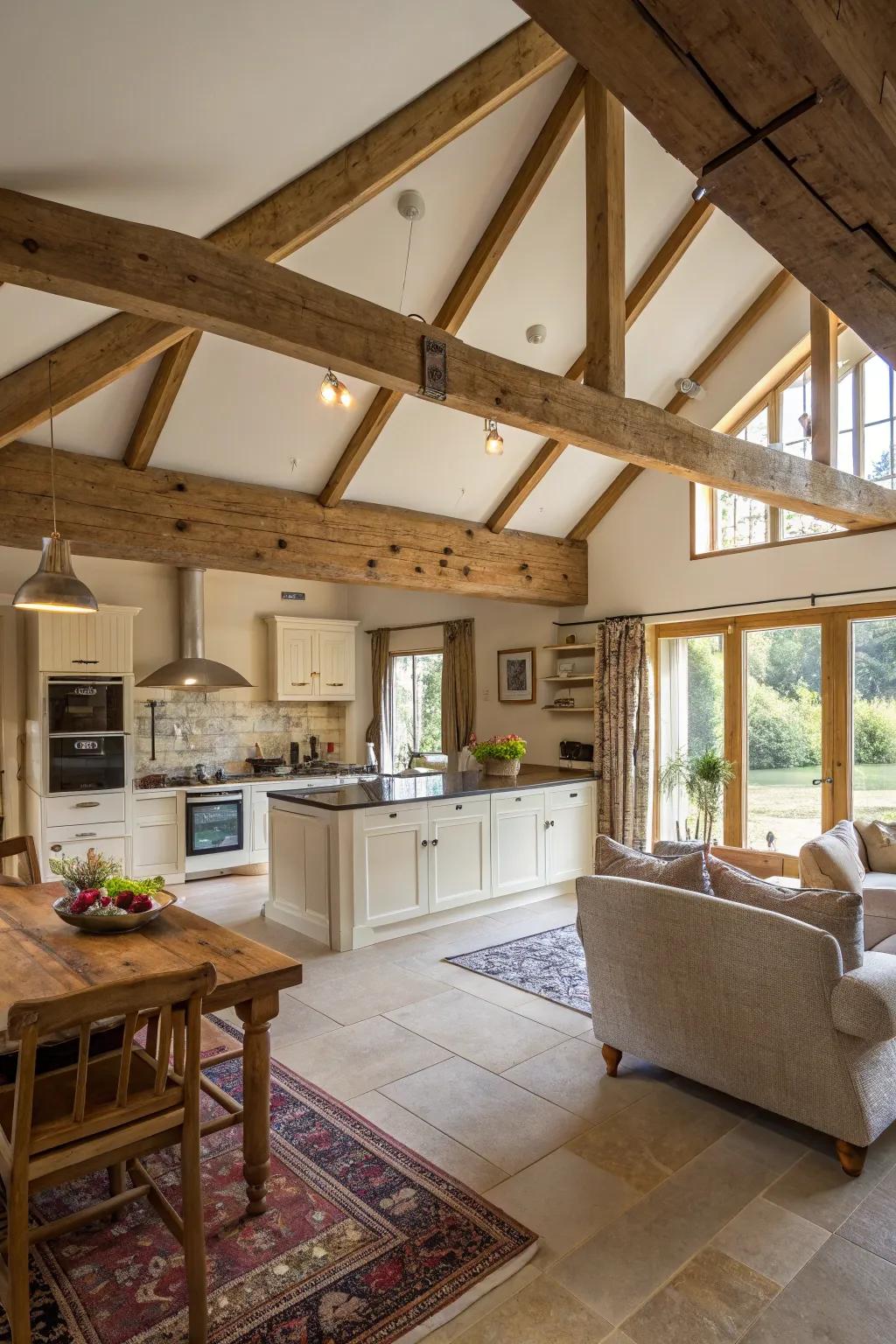 Exposed beams contribute to the overall sense of flow in open layouts.