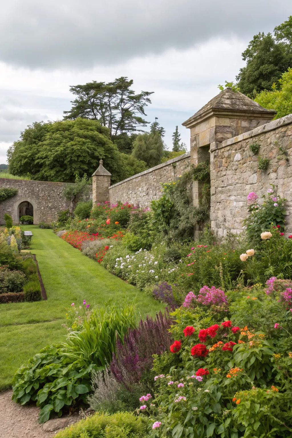 Stone walls in gardens produce a harmonious combination of natural charm.