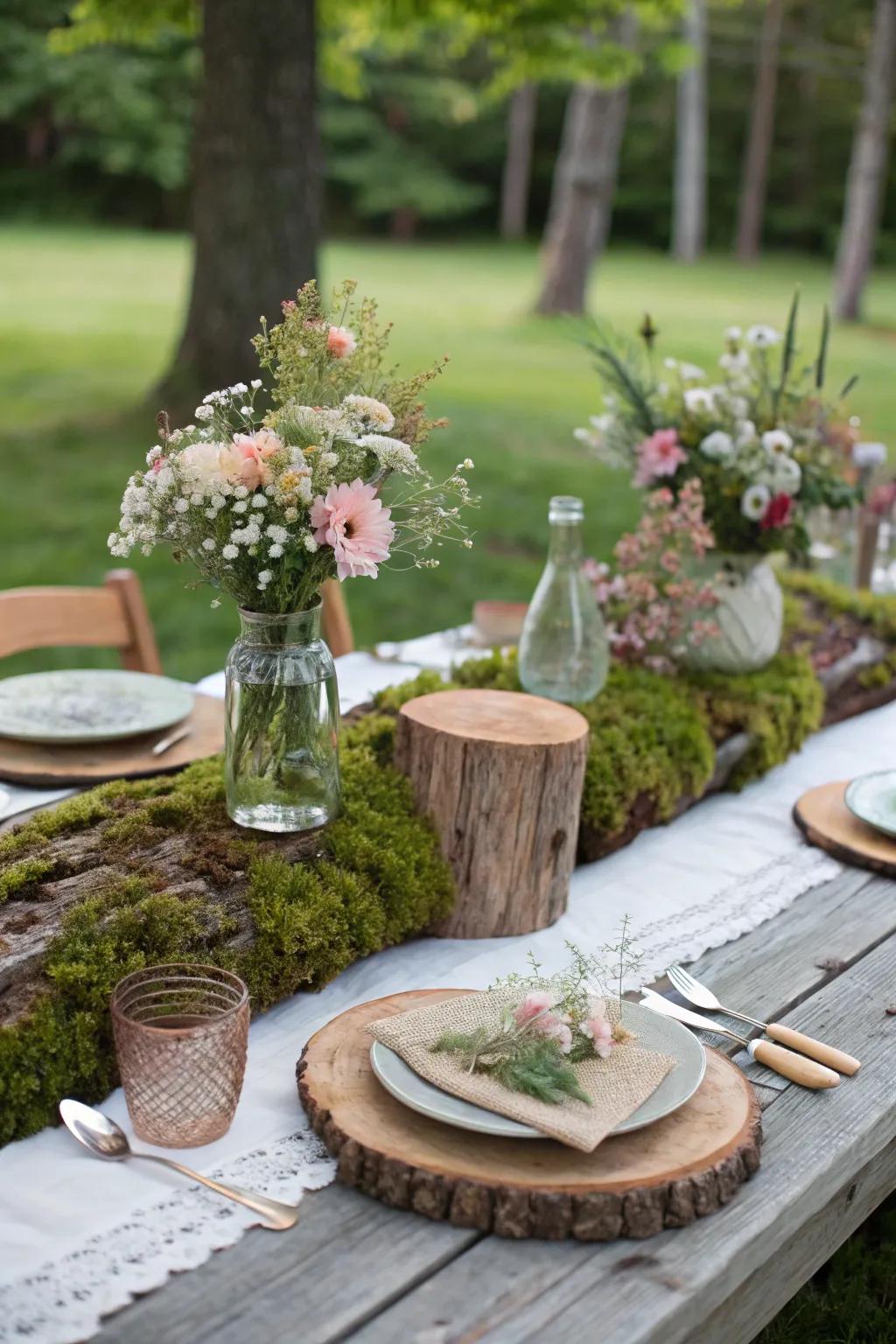 Design a nature-inspired table setting for a fairy-tale charm.