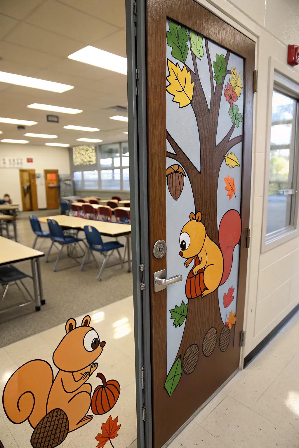 Interactive squirrel and acorn entrance decor.