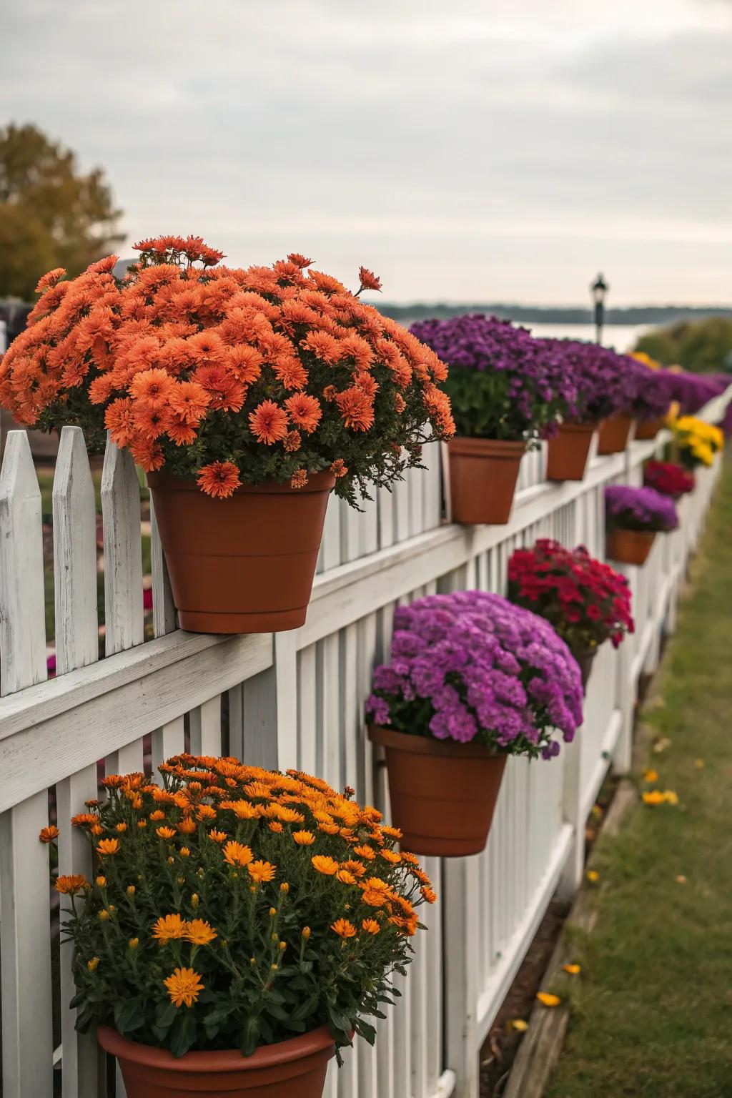 Vibrant mums in containers impart lively fall colors to a fence.