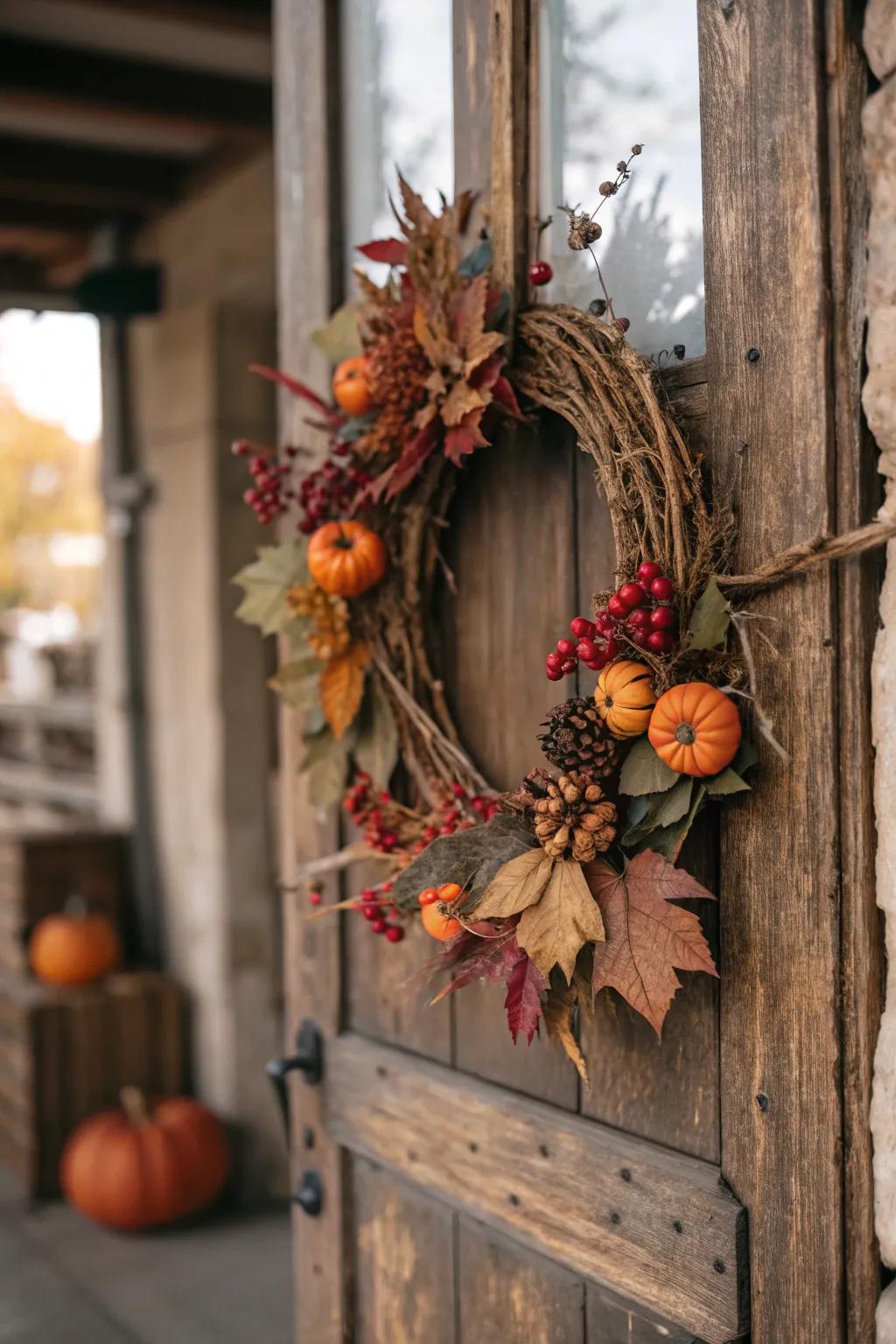 A handmade autumn wreath brings seasonal charm to any door.