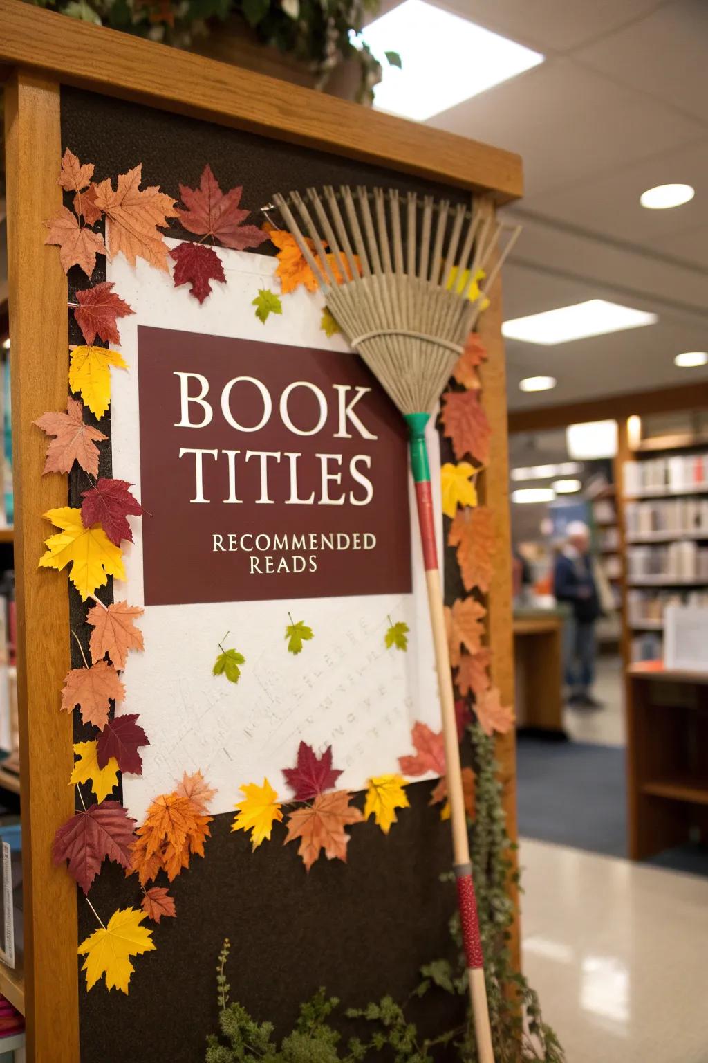 An engaging bulletin board that includes a rake and leaves along with book titles.