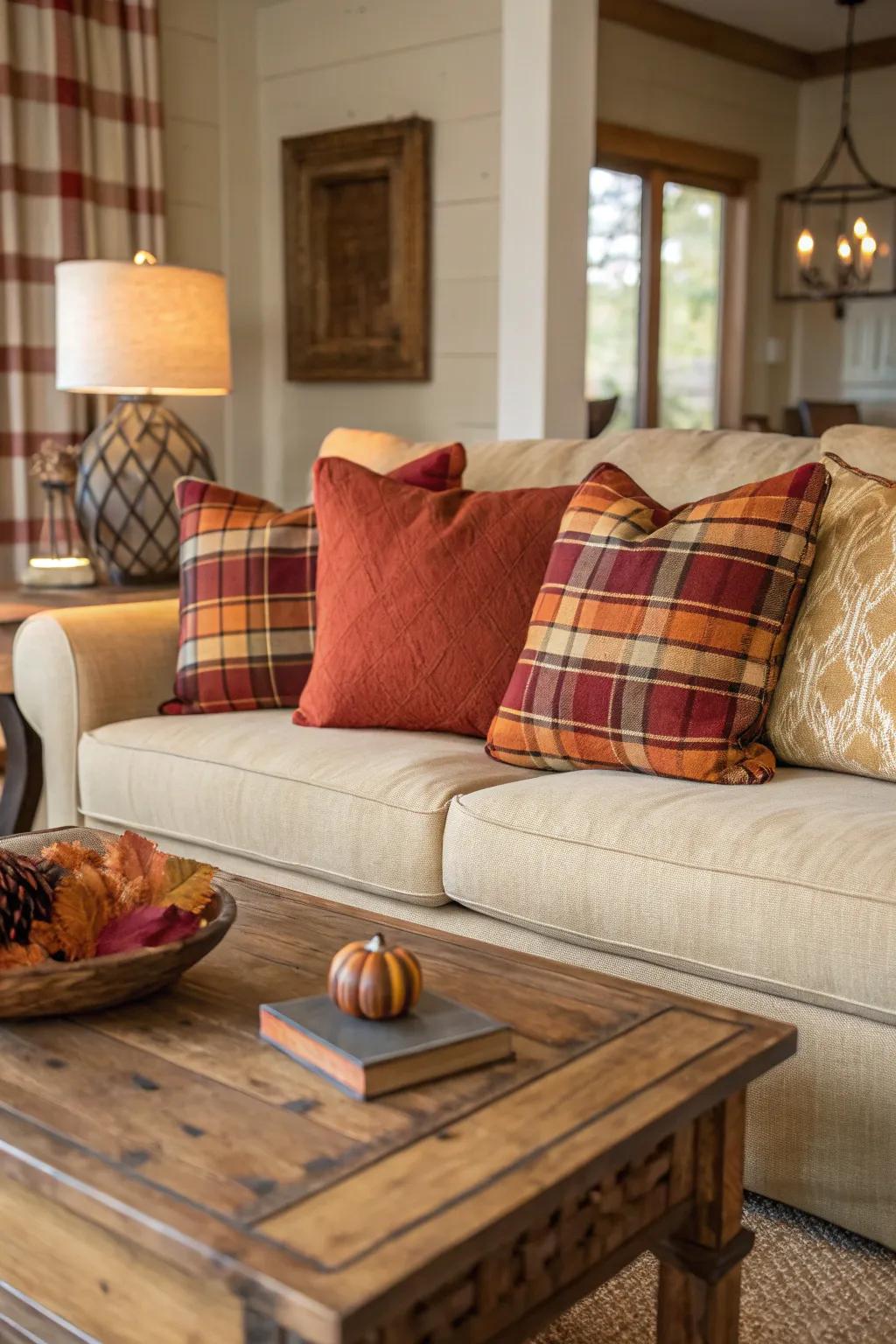 Plaid cushions lend a dash of rustic charm to any area.