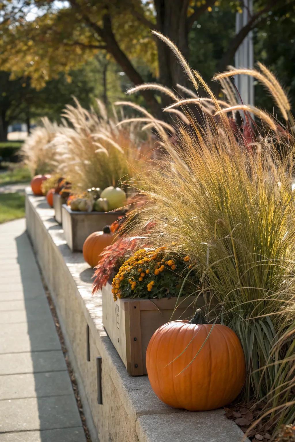 Tall grasses combined with gourds introduce texture and vertical dimension.