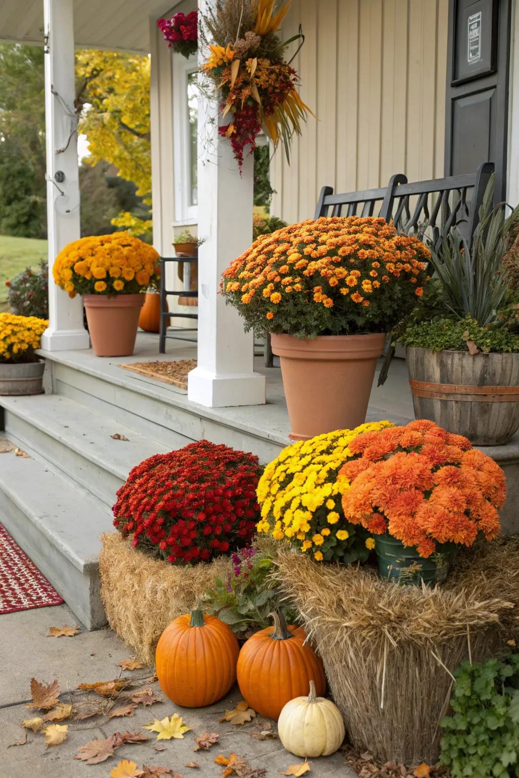 Colorful chrysanthemums infuse vibrancy and vitality into the autumnal entryway arrangement.