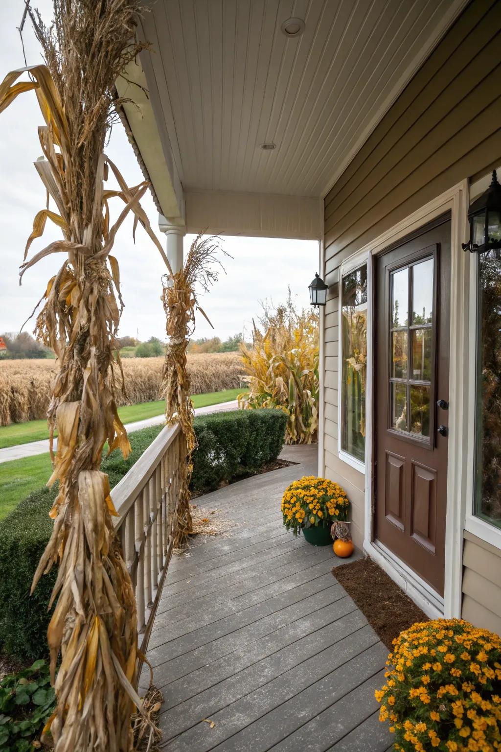 Soaring cereal stalks contribute countryside appeal and verticality to your autumn porch adornment.