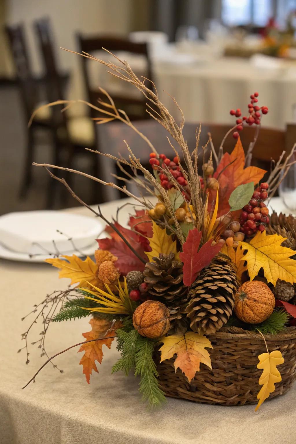 Natural elements come together in a centerpiece that honors the season.