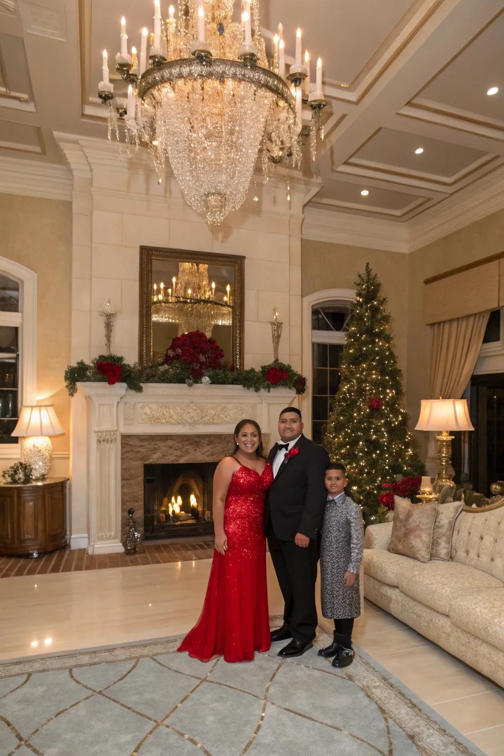 A formal family portrait amidst elegant holiday decor radiates timeless allure.