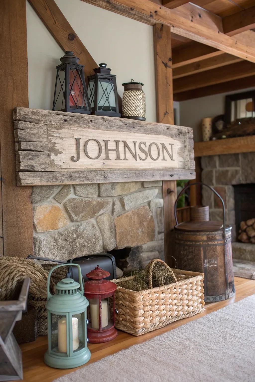 A farmhouse-inspired family name display enriches a vintage-themed setting.