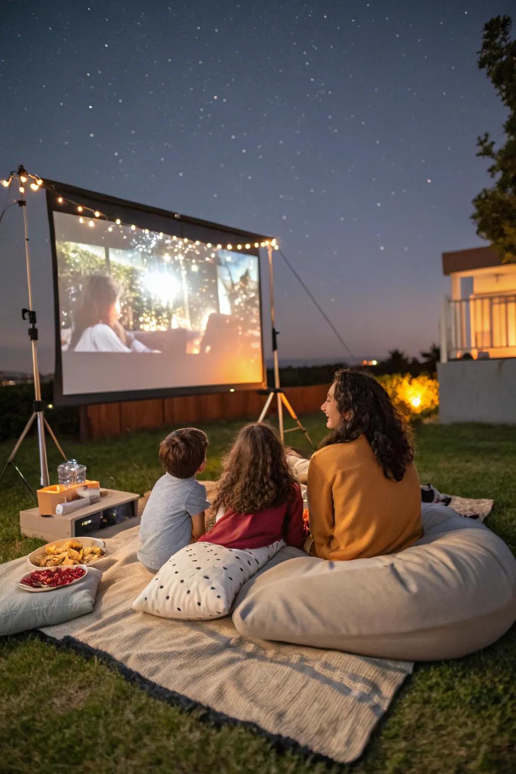 A delightful outdoor movie night presented in the backyard.