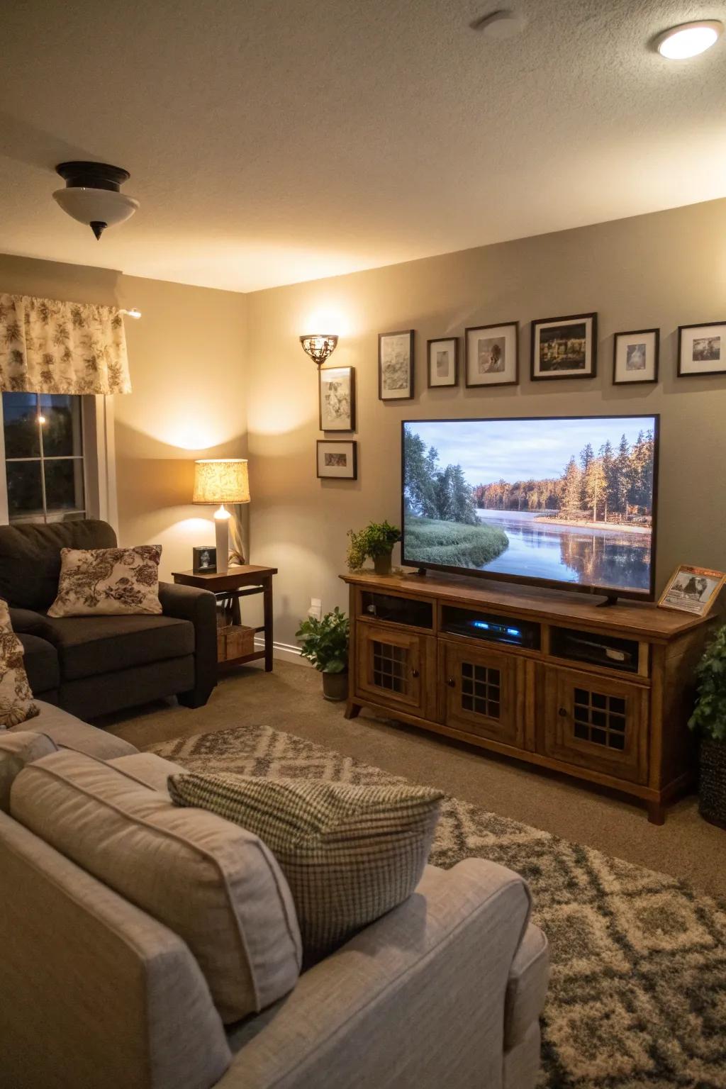A TV displaying a calming screensaver brings serenity to the family room.