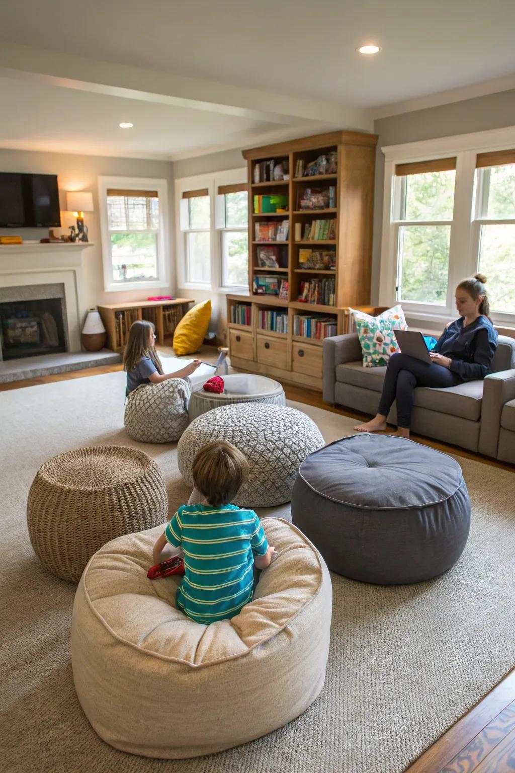 Flexible seating adapts to the changing needs of family moments.