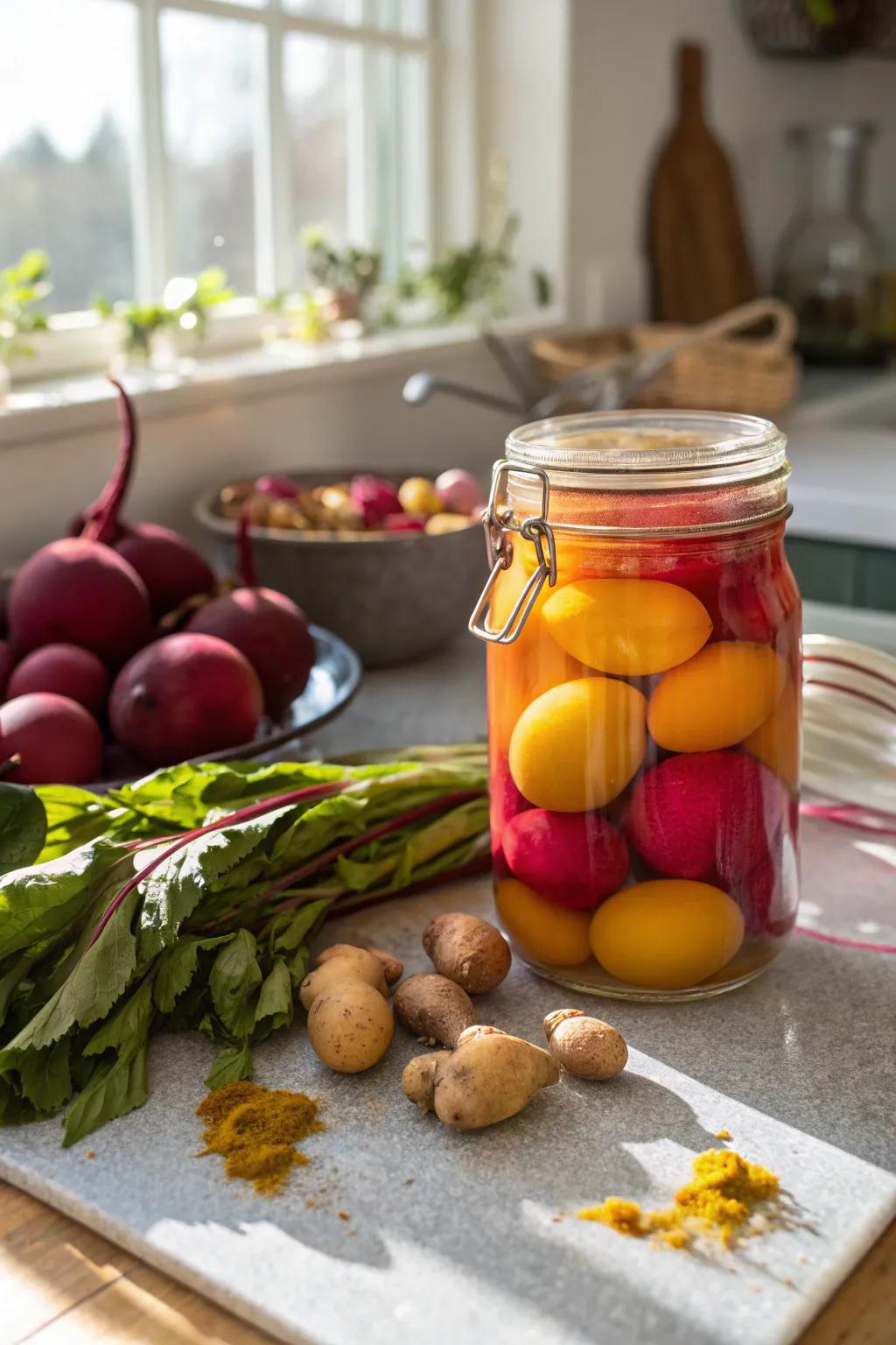 Vivid pickled eggs are a treat for both the eyes and the palate.