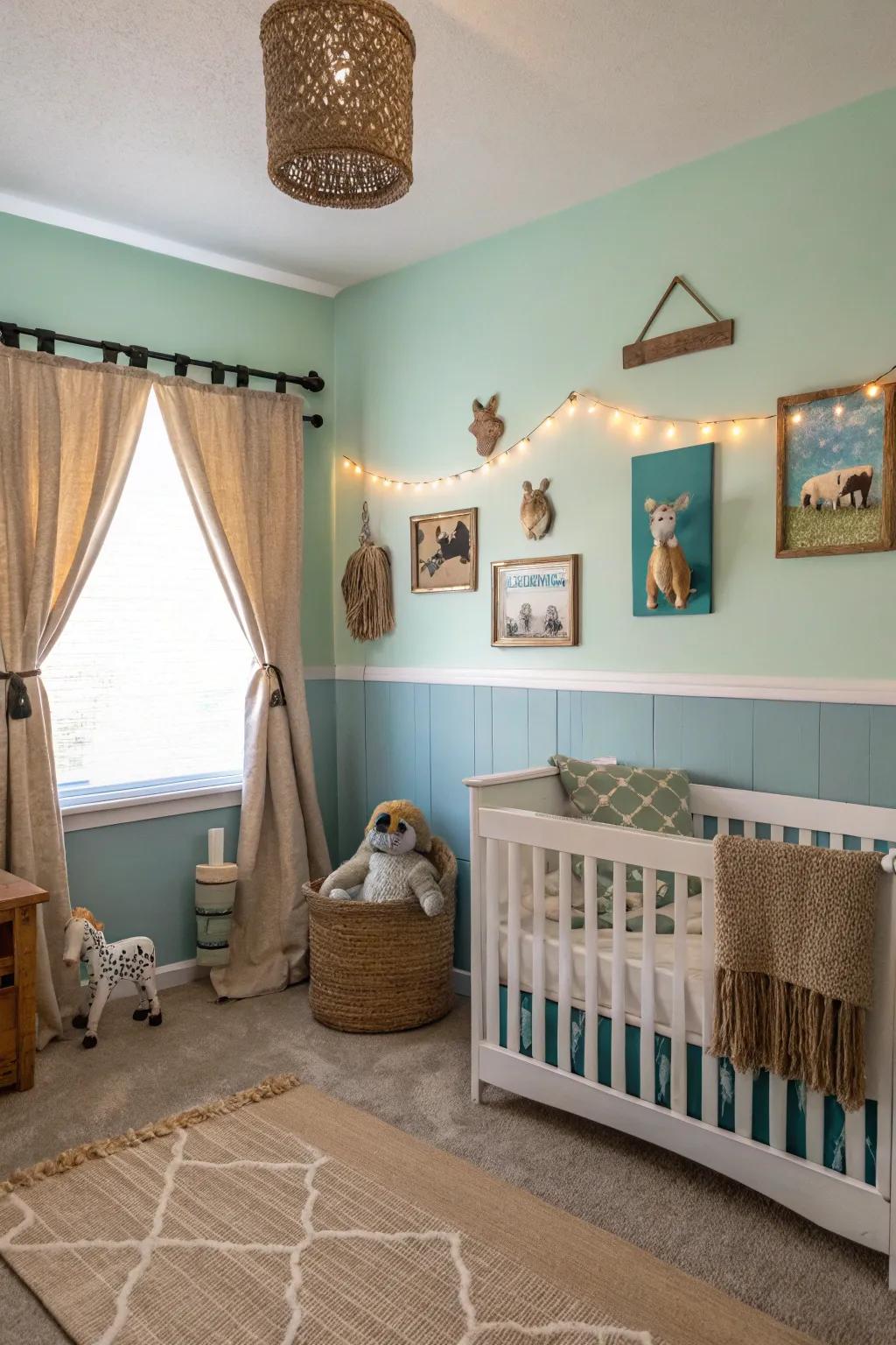 Soft pastels offer a tranquil setting for a farm animal nursery.