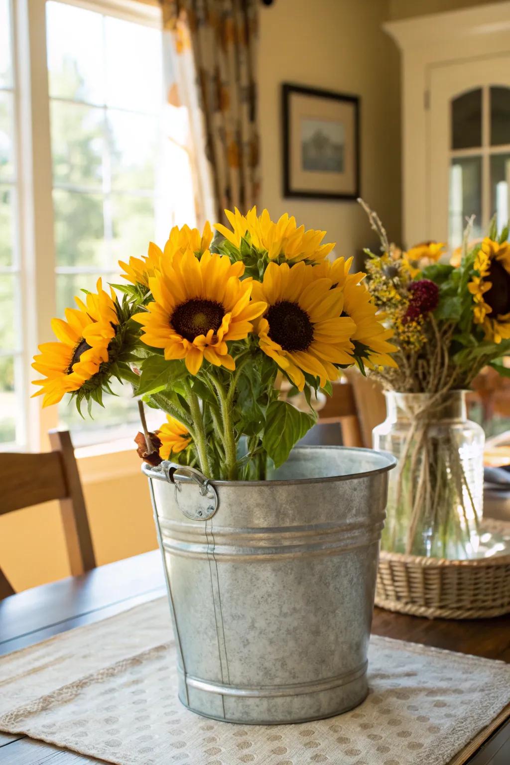 Golden blooms nestled in a metal pail bring a burst of sunshine indoors.