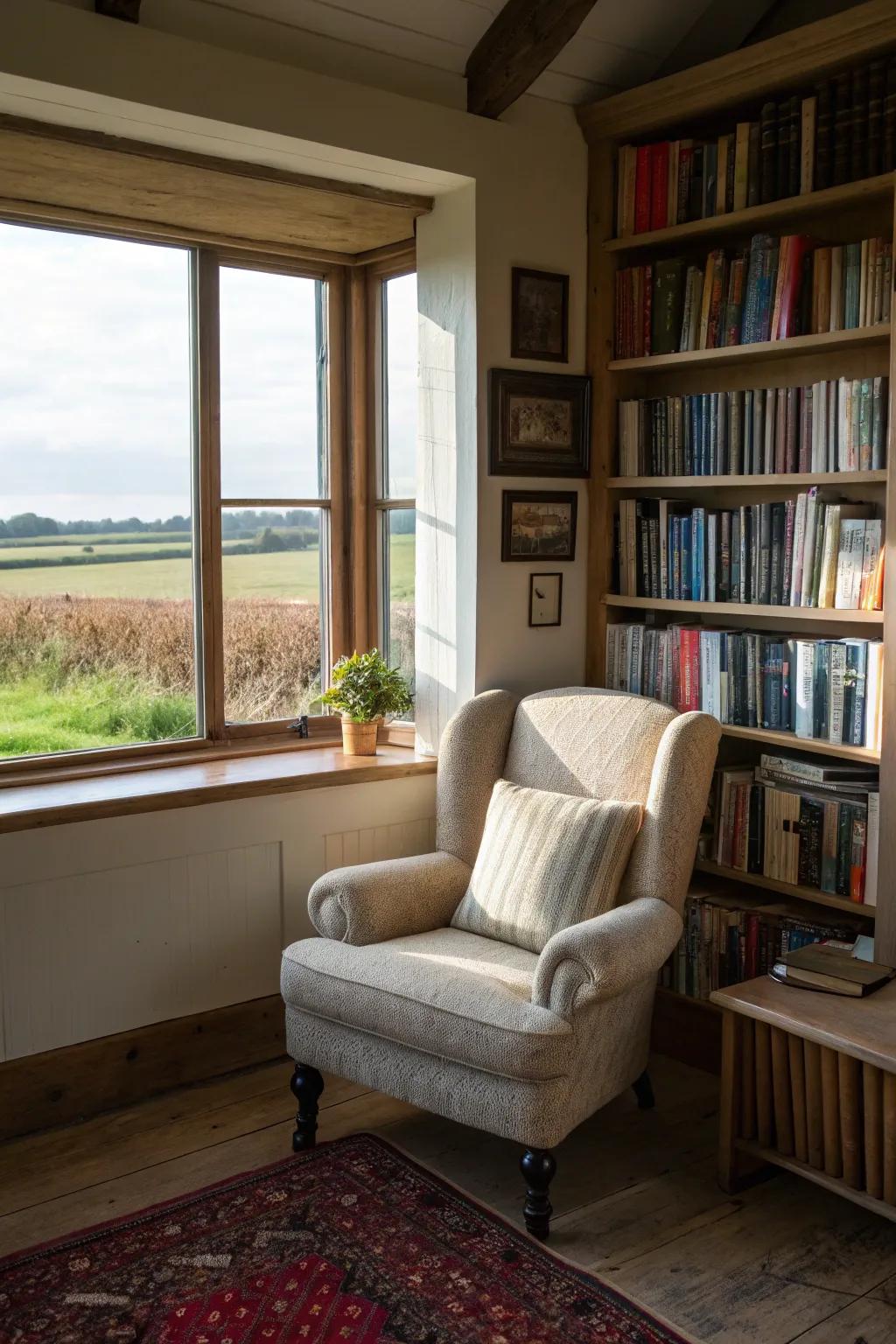 A comfortable reading space ideal for relaxation and inspiration.