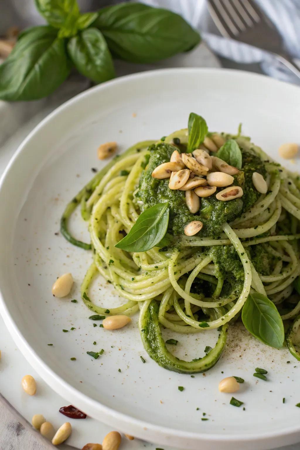 Zucchini noodles with pesto provide a fresh take on a beloved dish.