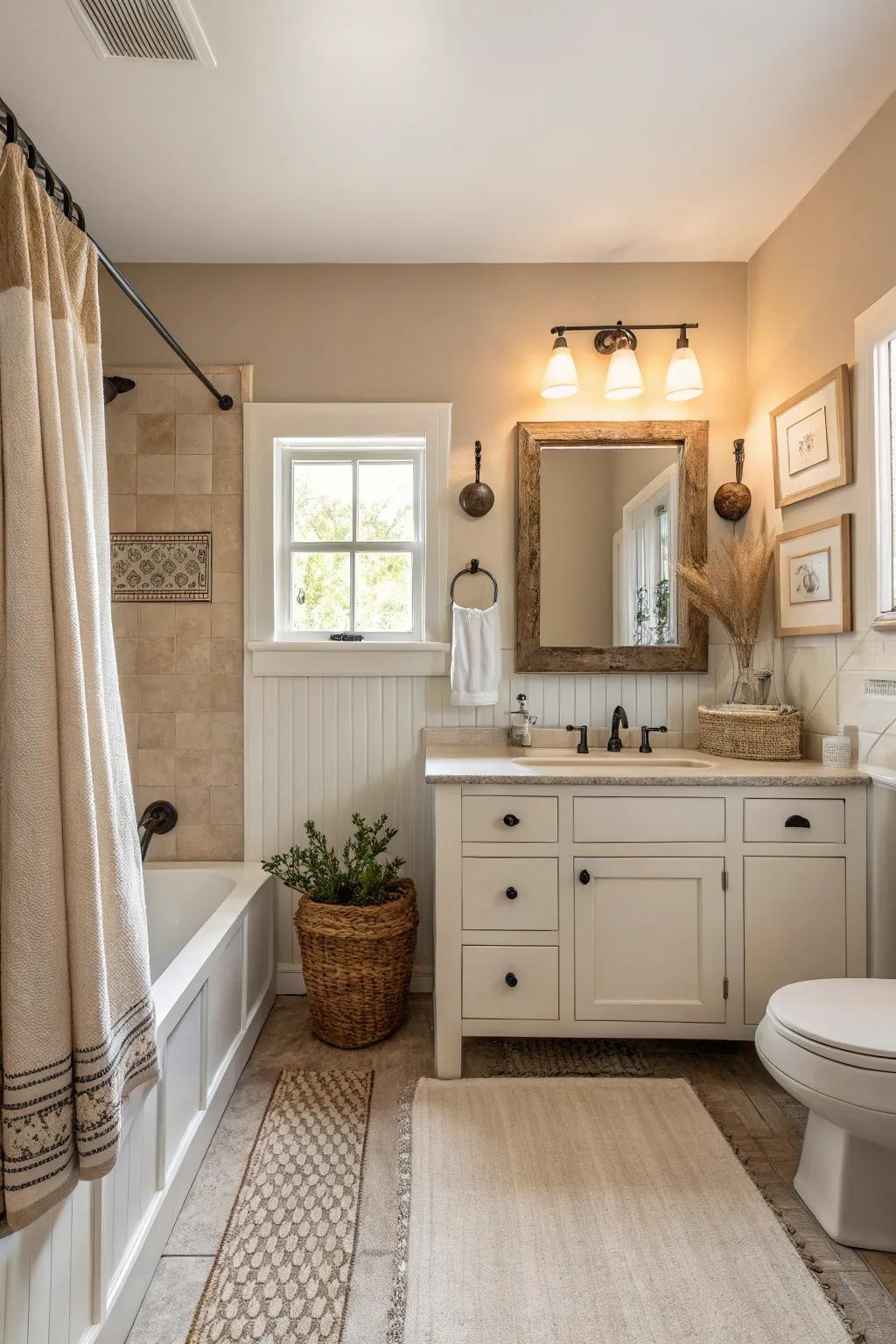 A neutral color scheme encourages a tranquil vibe in a farmhouse bathroom.