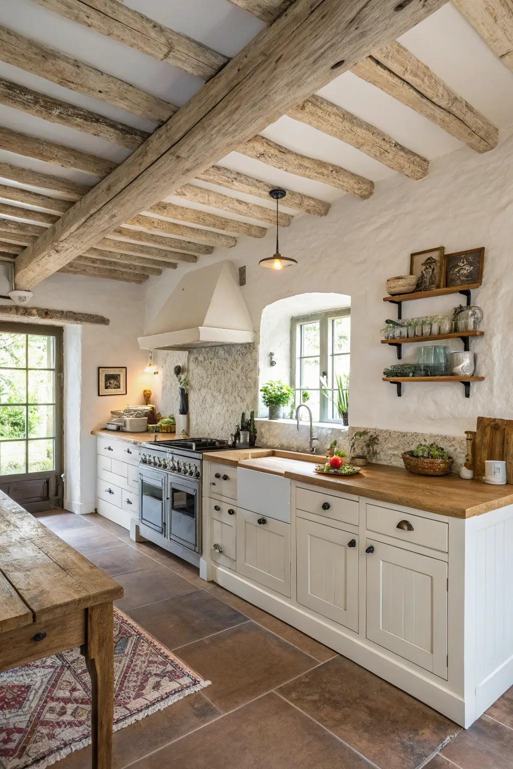 Whitewashed wood ceilings introduce luminosity and sophistication to this farmhouse kitchen.