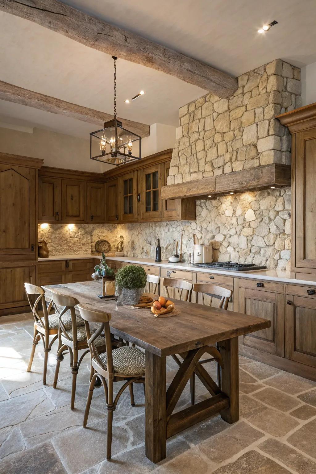 A farmhouse cooking area featuring a neutral stone mosaic backsplash.