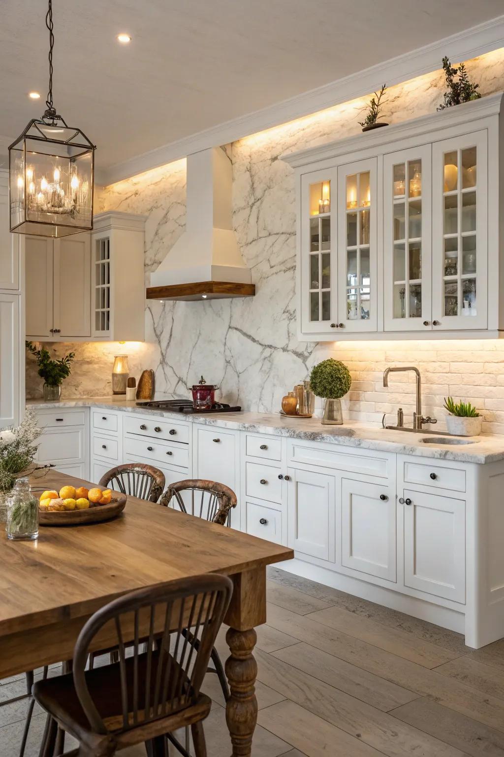 Sophisticated stone streaks contribute refinement to this farmhouse kitchen featuring ivory cabinets.