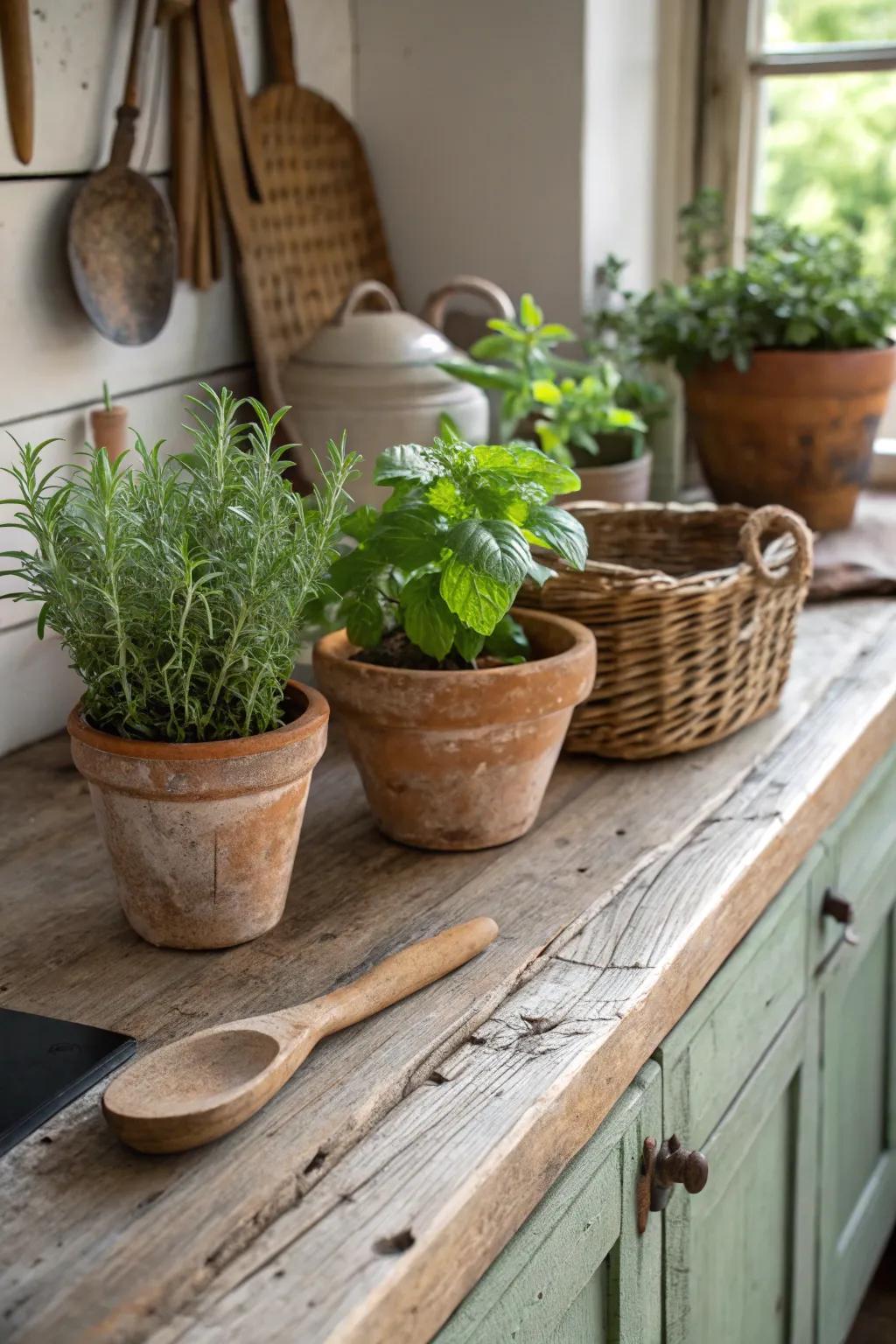 Potted herbs contributing a fresh vibe to a farmhouse kitchen design.