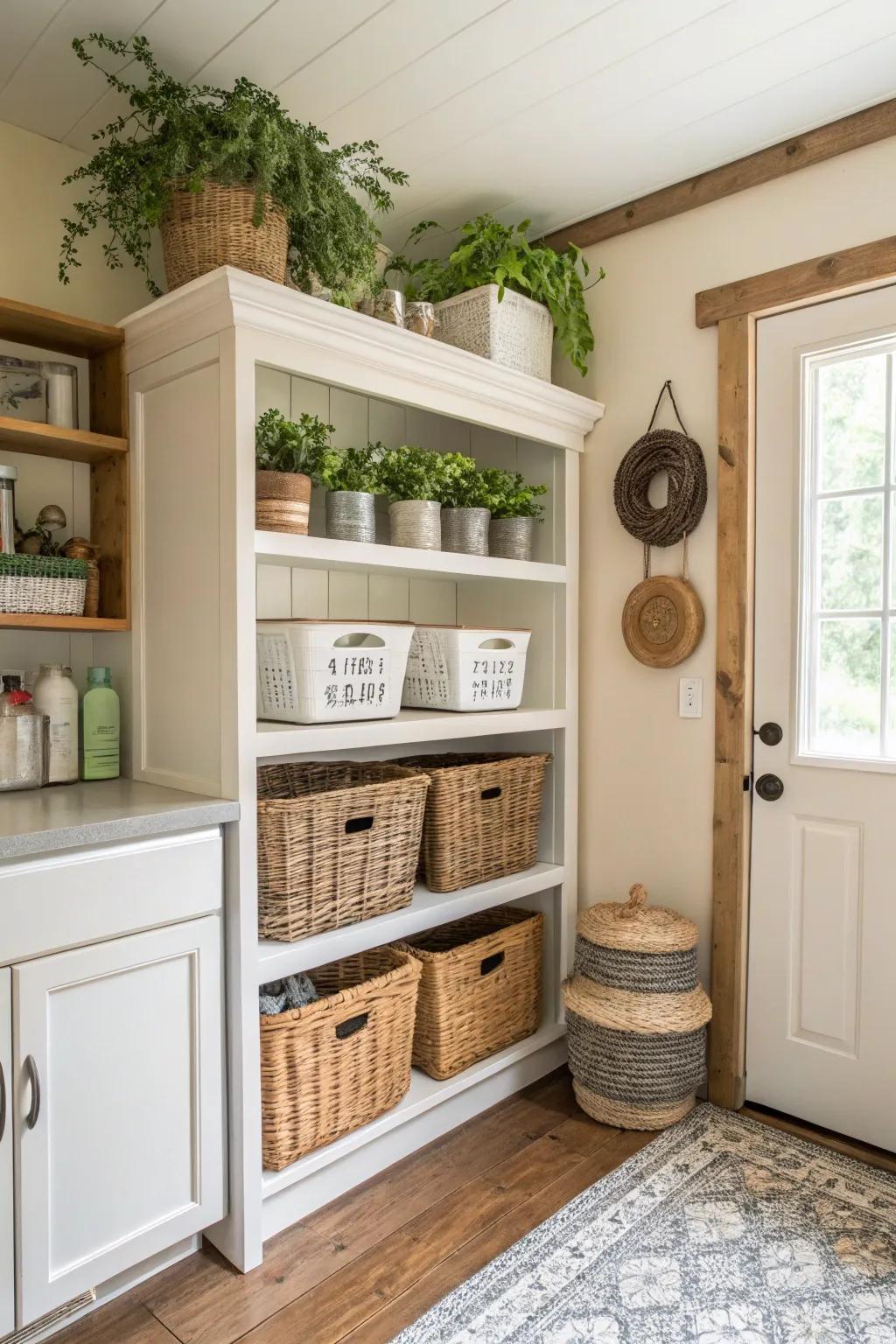 Exposed storage adds both charm and usability to this farmhouse laundry space.