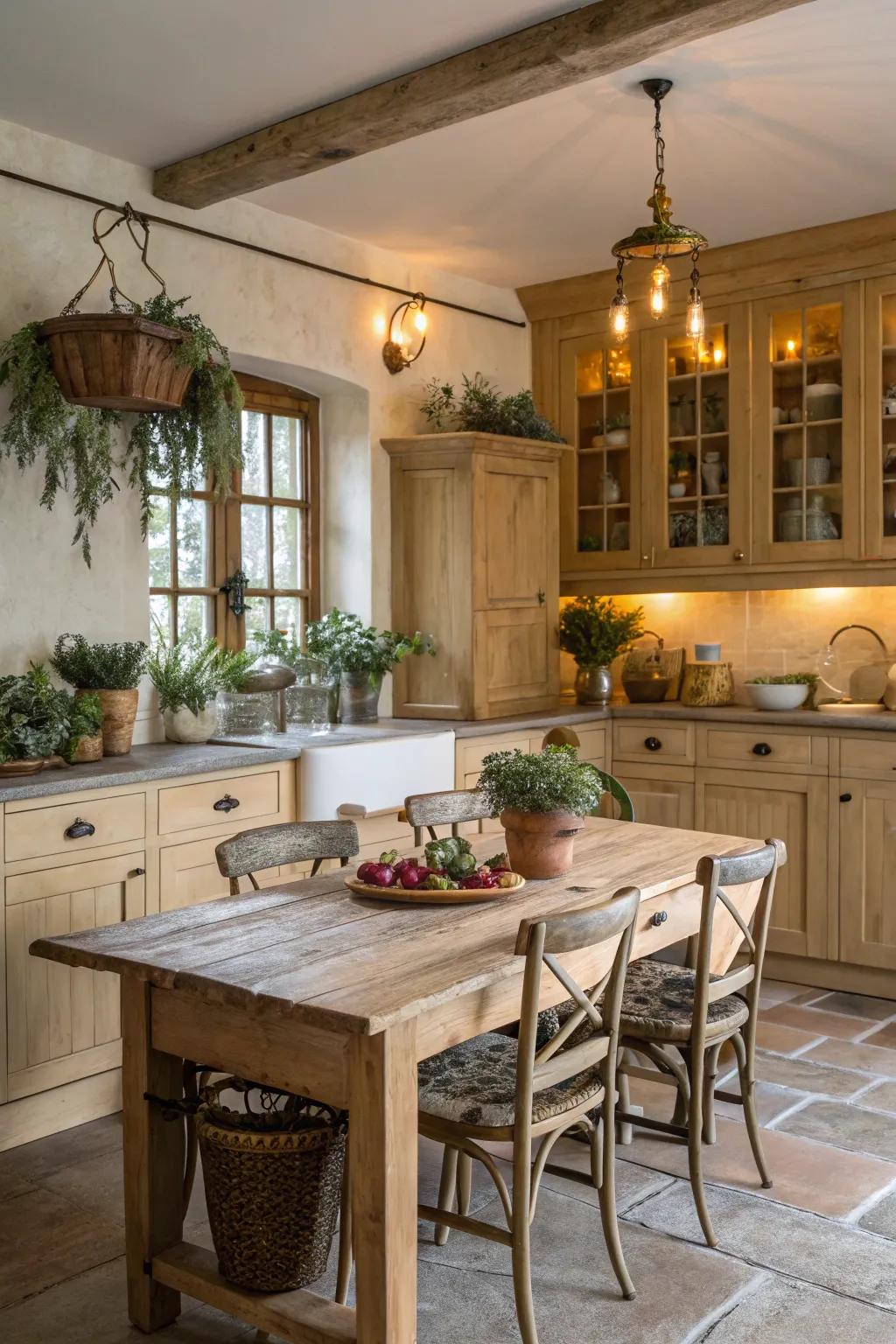 Time-worn details enhance a cooking space featuring pale timber cabinetry.