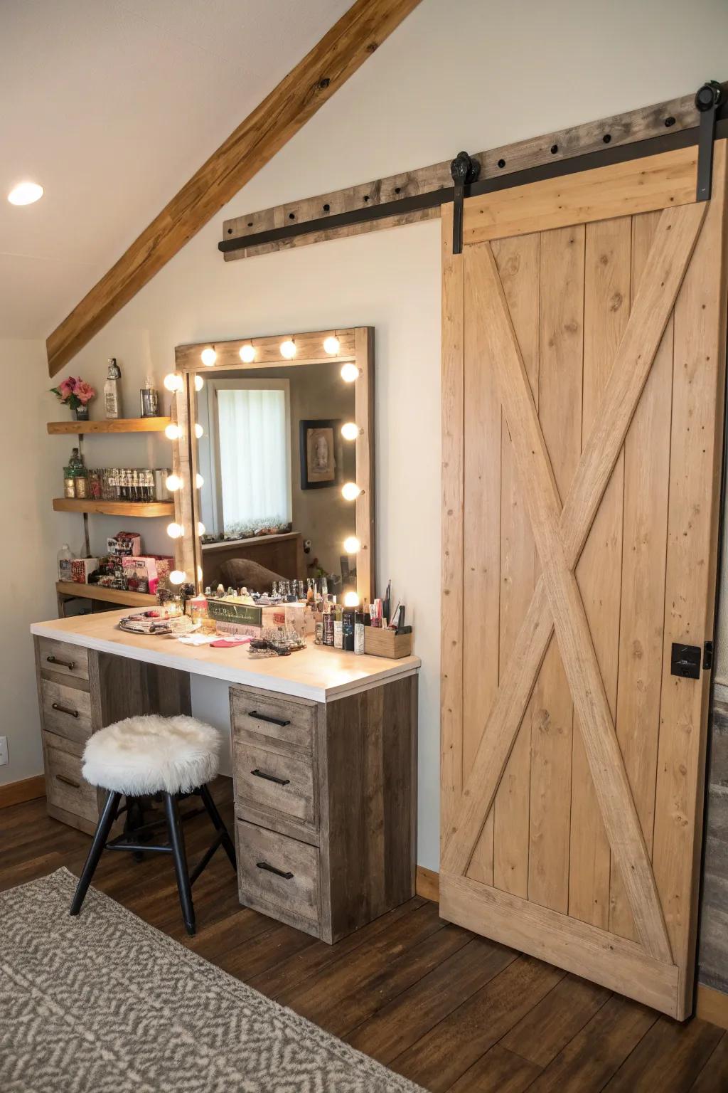 Barn-style doors introduce rustic appeal and practicality.