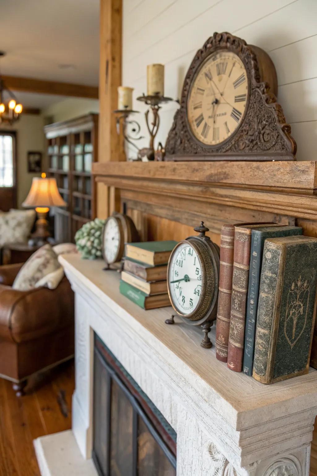 Vintage items bring a sense of past times and distinctiveness to the mantel.