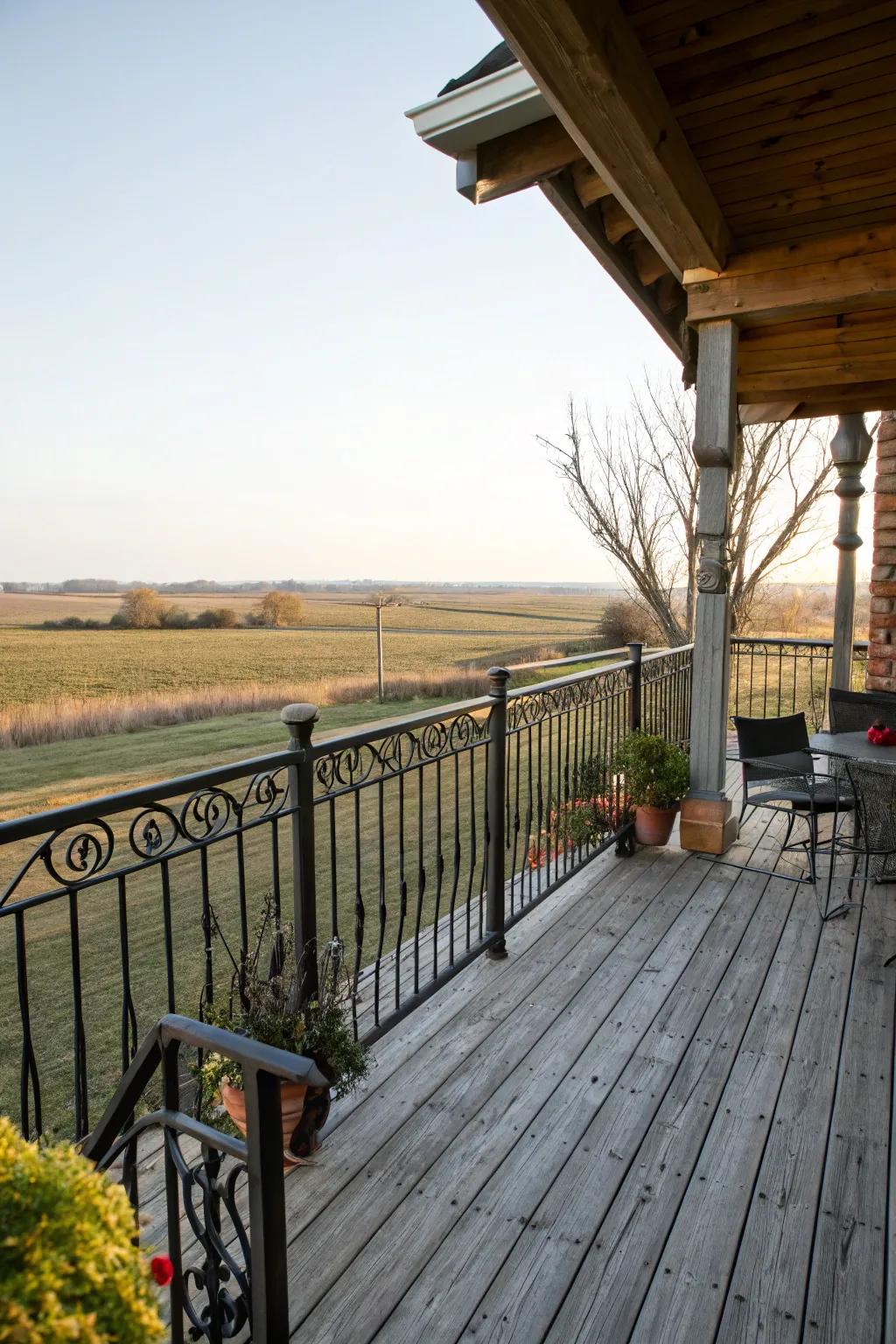 Elegant touch: Iron railing on a farmhouse deck.